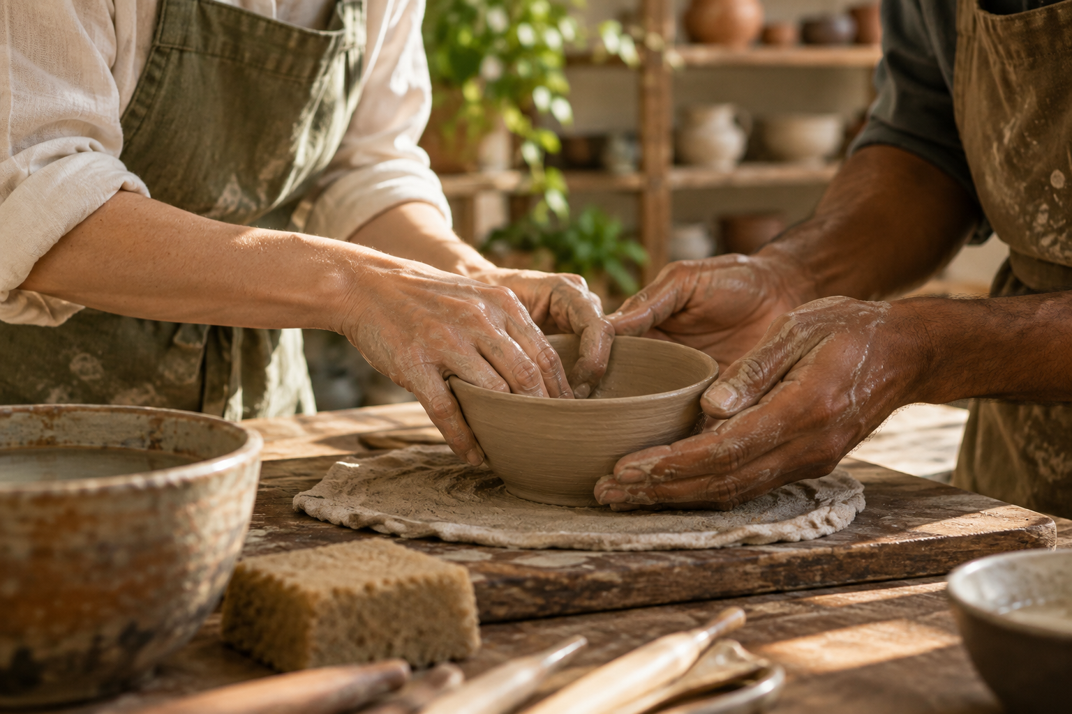 Illustration of sculptural ceramic vessels in warm clay tones